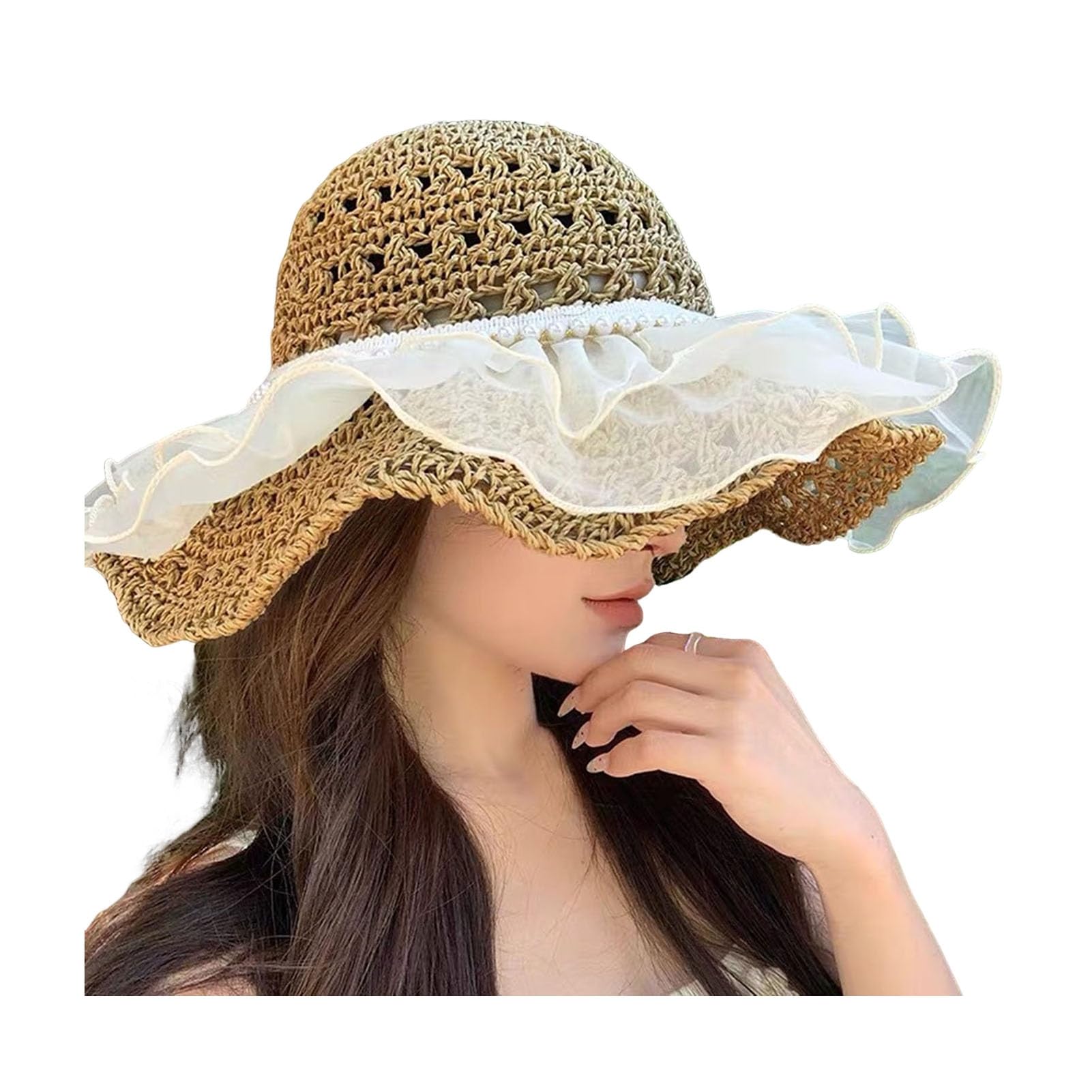 matumou Summer Fisherman Hat, Hollow Weaving Large Brim Beach Hat, Foldable Portable Color Basin Hat