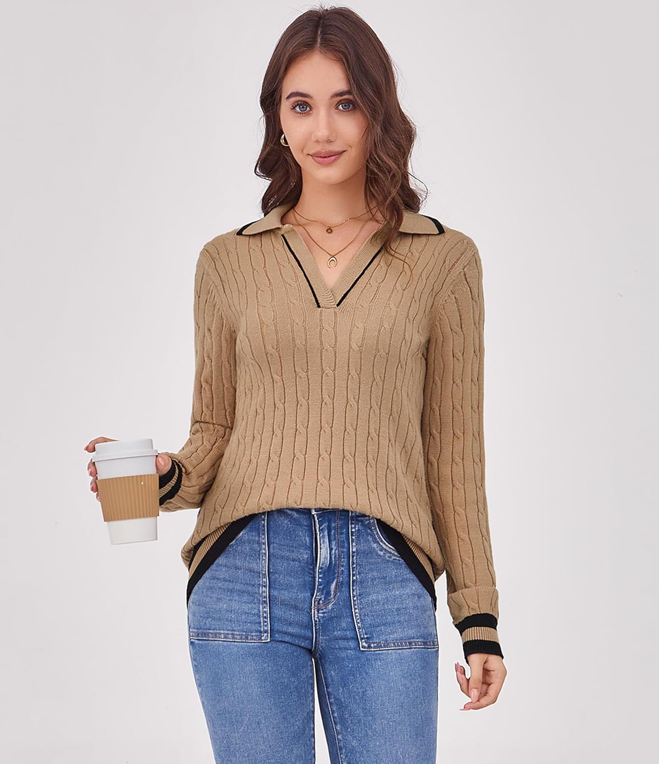Arolina Womens Cable Knit Sweaters Long Sleeve V Neck Pullover Tops Casual Lightweight Polo Sweater Fashion Fall Outfits - Image 4