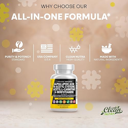 Miniatura 7 de Ácido alfa lipoico 600 mg N-acetil cisteína 600 mg acetil L-carnitina 500 mg Benfotiamina 300 mg - Suplemento de apoyo nervioso para mujeres y