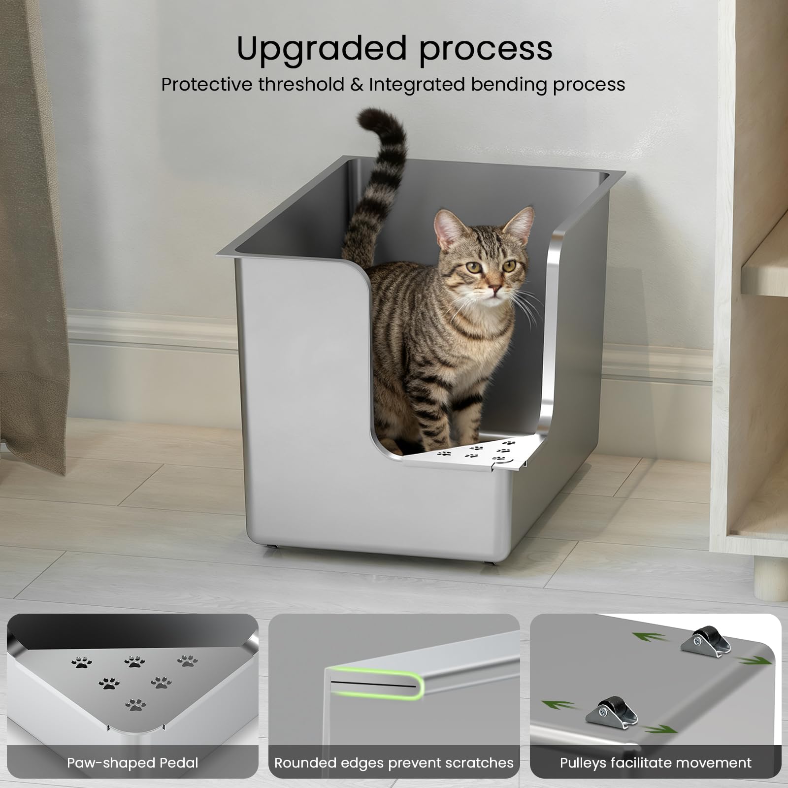 PTLOM Lebensmittelechtes Katzenklo Edelstahl XXL Katzentoilette 30CM hohe Seiten,Ecköffnung, mit Rädern, antihaftbeschichtet, geruchsneutral, für große/mehrere Katzen
