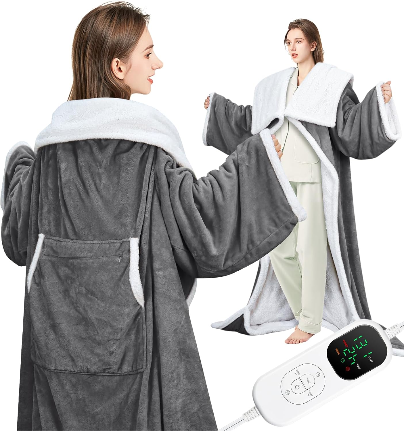 EAONE Heated Throw Blankets Electric Snuggle with Foot Pocket, Wearable Heated Blanket with Sleeves for Women Adults, Super Soft Flannel & Sherpa Blanket Warmer for Home Office 59*70”, Champagne Pink