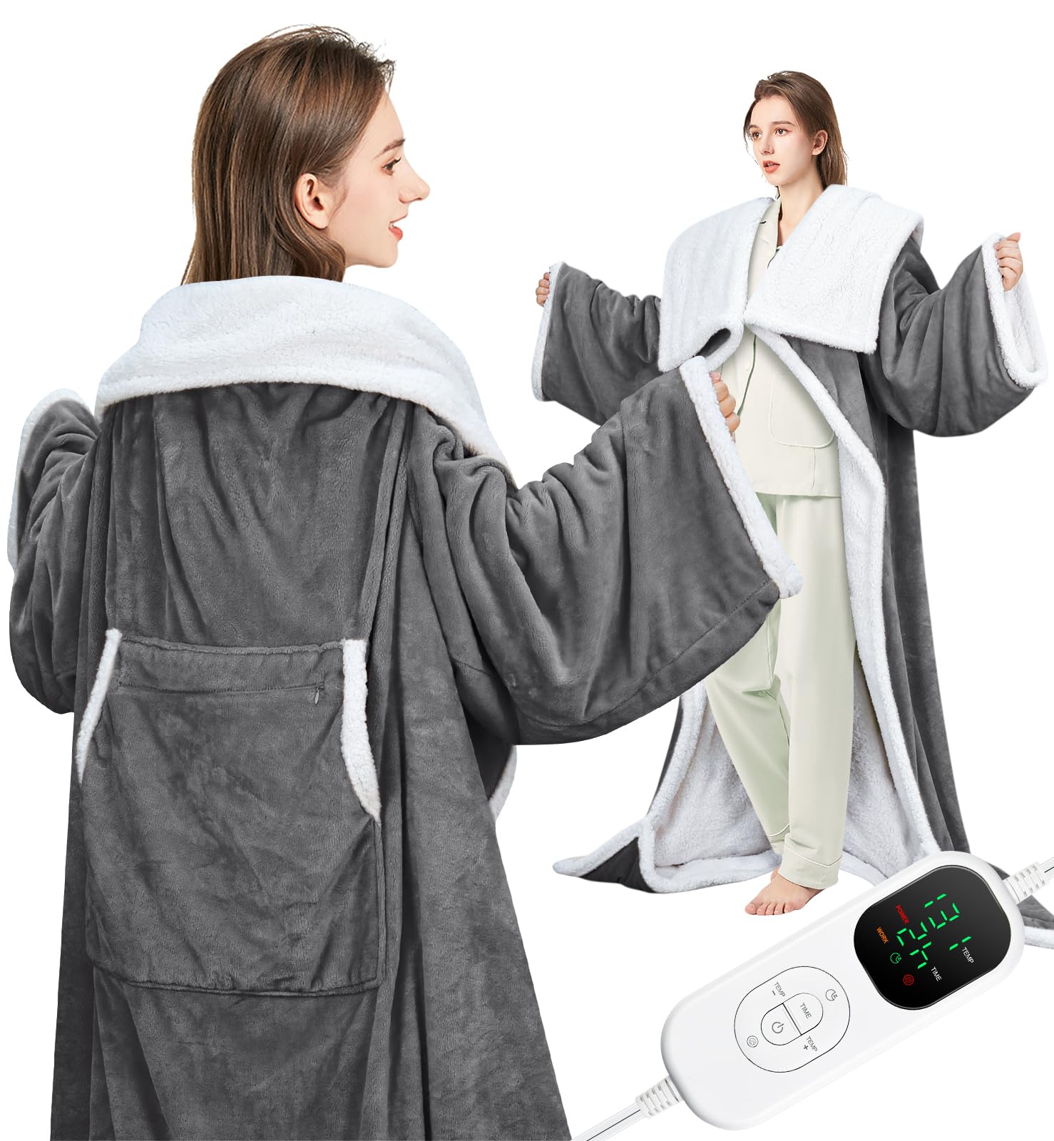 wearable heated blanket electric snuggle with foot pocket/sleeves, 59x70 inch heated throw blanket with for women men adults, super soft flannel & sherpa blanket warmer for home office, gray