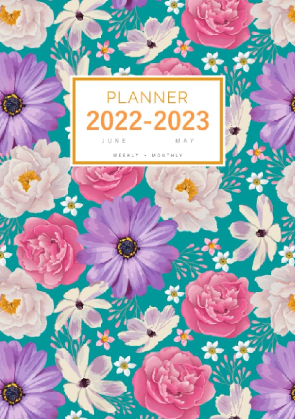 Planner 2022-2023: A5 Weekly and Monthly Organizer from June 2022 to May 2023 | Elegant Rose Peony Flower Design Teal
