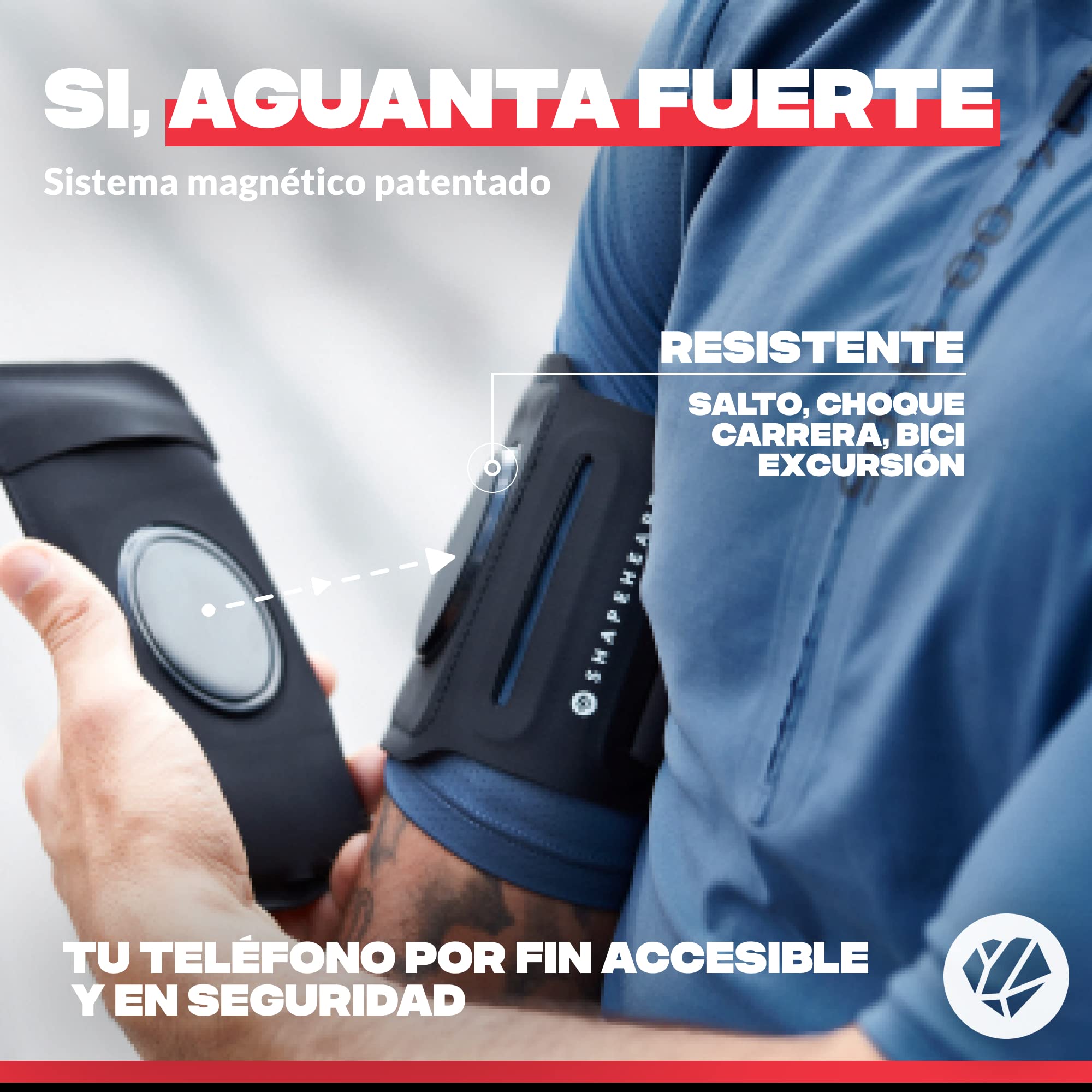 Shapeheart Brazalete Movil Deporte Magnetico - Funda Resistente al Agua Desmontable XL - Running, Trail, Montana - Acceso Smartphone de un Gesto - Brazo 20 a 38 cm, Universal