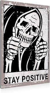 BEASTZHENG Vintage Stay Positive Skull Metal Tin Sign - Retro Funny Wall Decor for Home, Bedroom, Halloween Gifts, 8x12 Inch Durable Aluminum