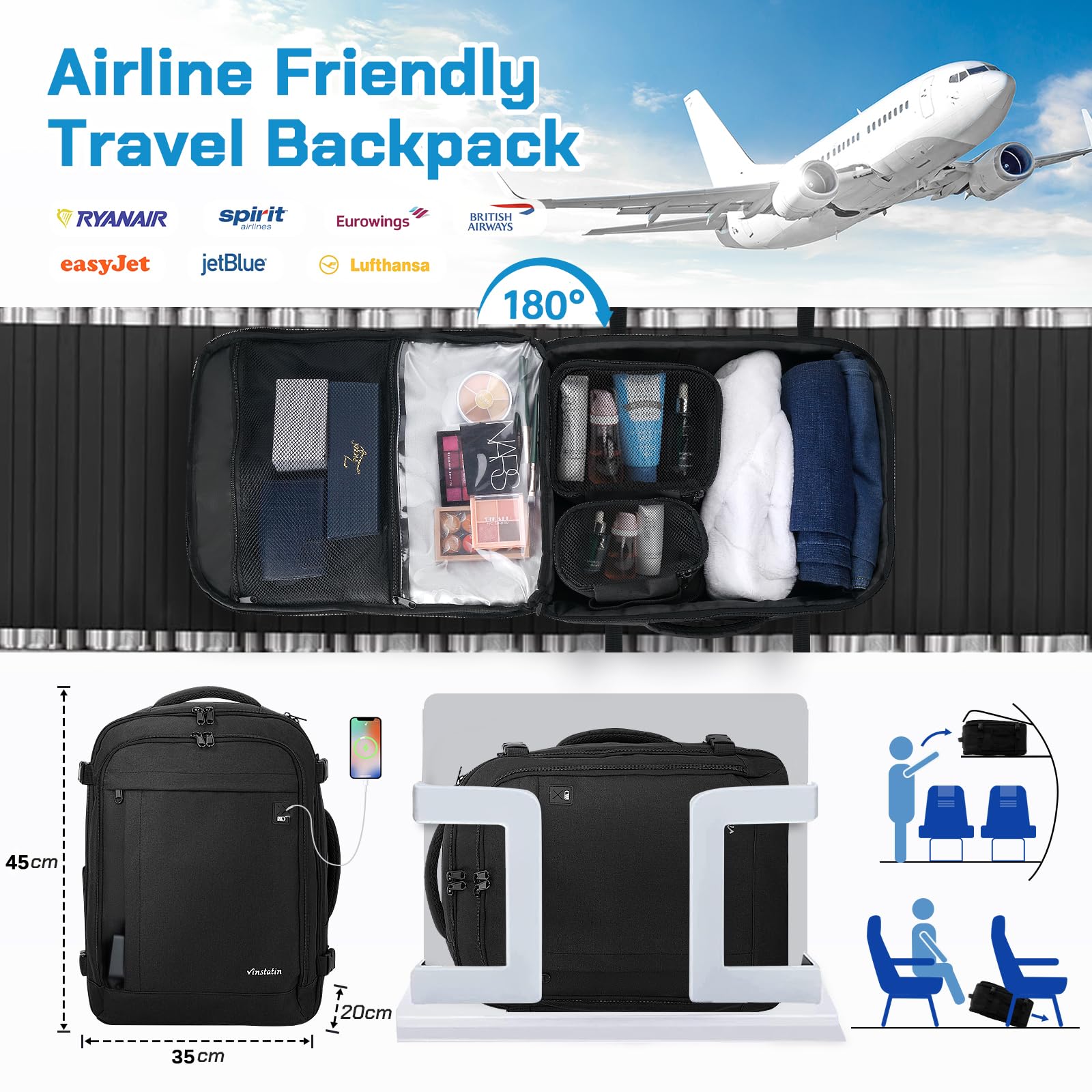 Vinstatin Zaino Ryanair 45x20x35 (40L) Zaino da Viaggio per Donne e Uomini,17.3 Zoll Zaino Aereo con 4 Sacchetti Organizzatori,Bagaglio a mano Borsa Viaggio Cabina Zaino Travel Viaggio Casual