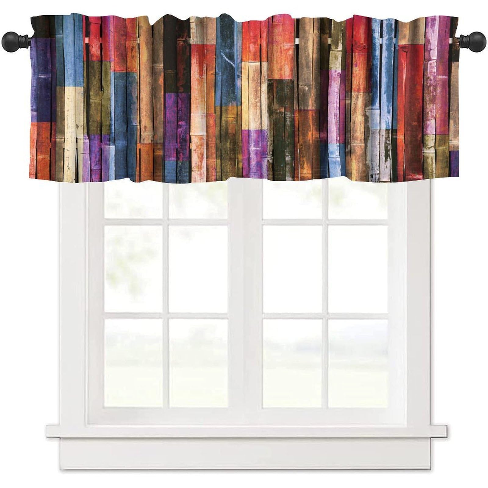 moderw Rustic Colorful Wooden Valance Curtain, Retro Brown Barn Board Plank Window Treatment Valance for Farmhouse Cabin Dining Room Kitchen Canteens Café Décor 54x18inch