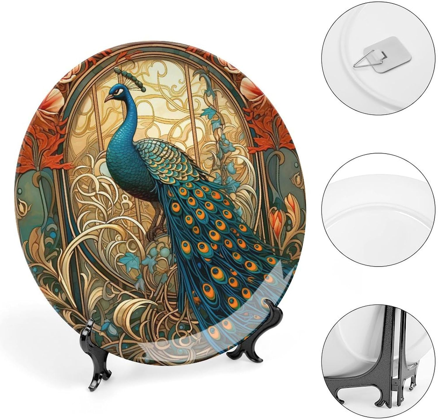 Peacock Ceramic Decorative Plate, Peafowl Decorative Dish with Stand, Elegant Animal Bone China Decorative Plates Art Porcelain Plate for Living Room Hallway Table Decor