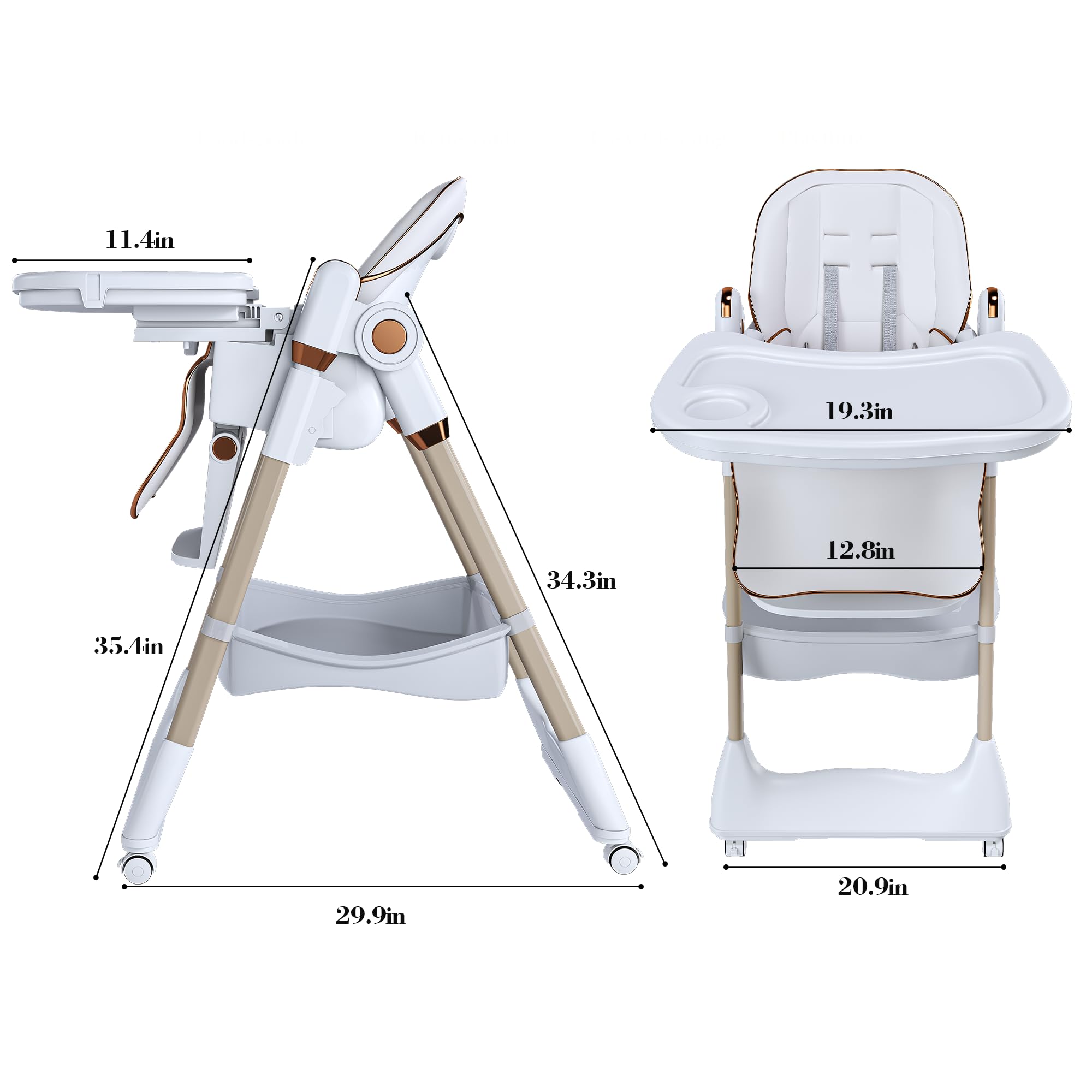 SmartEdge Baby High Chair, 3-in-1 Foldable High Chairs for Babies and Toddlers with Footrest Adjustment, 5 Height & 3 Recline & 4 Dining Tray Adjustable, 5 Point Harness, Lockable Wheels, White