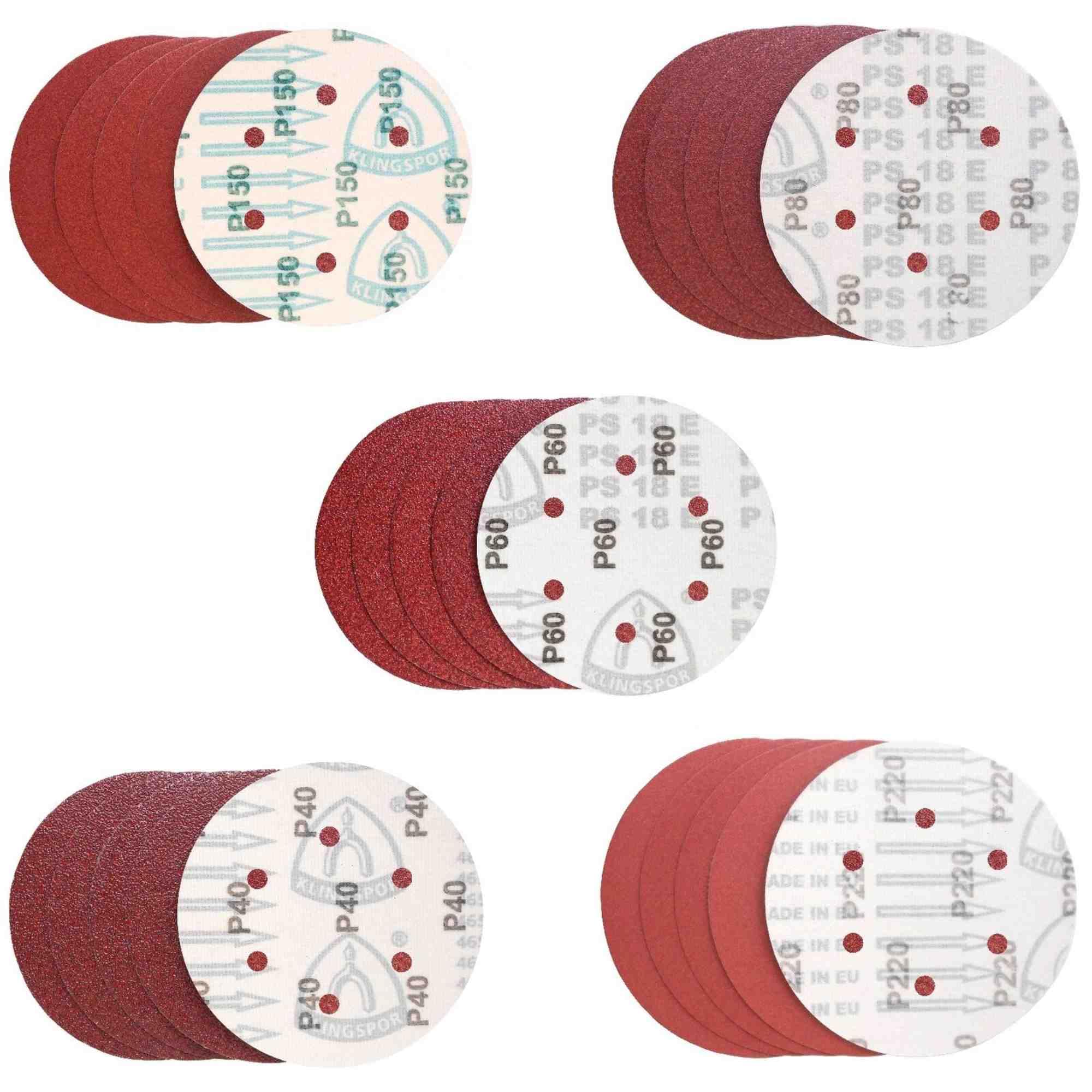 Klingspor 15 discos de lijado | PS18EK | Diámetro y perforación a elegir | 3 discos de grano P40, P80, P120, P180, P240 (300 mm GLS 0 (sin perforar))