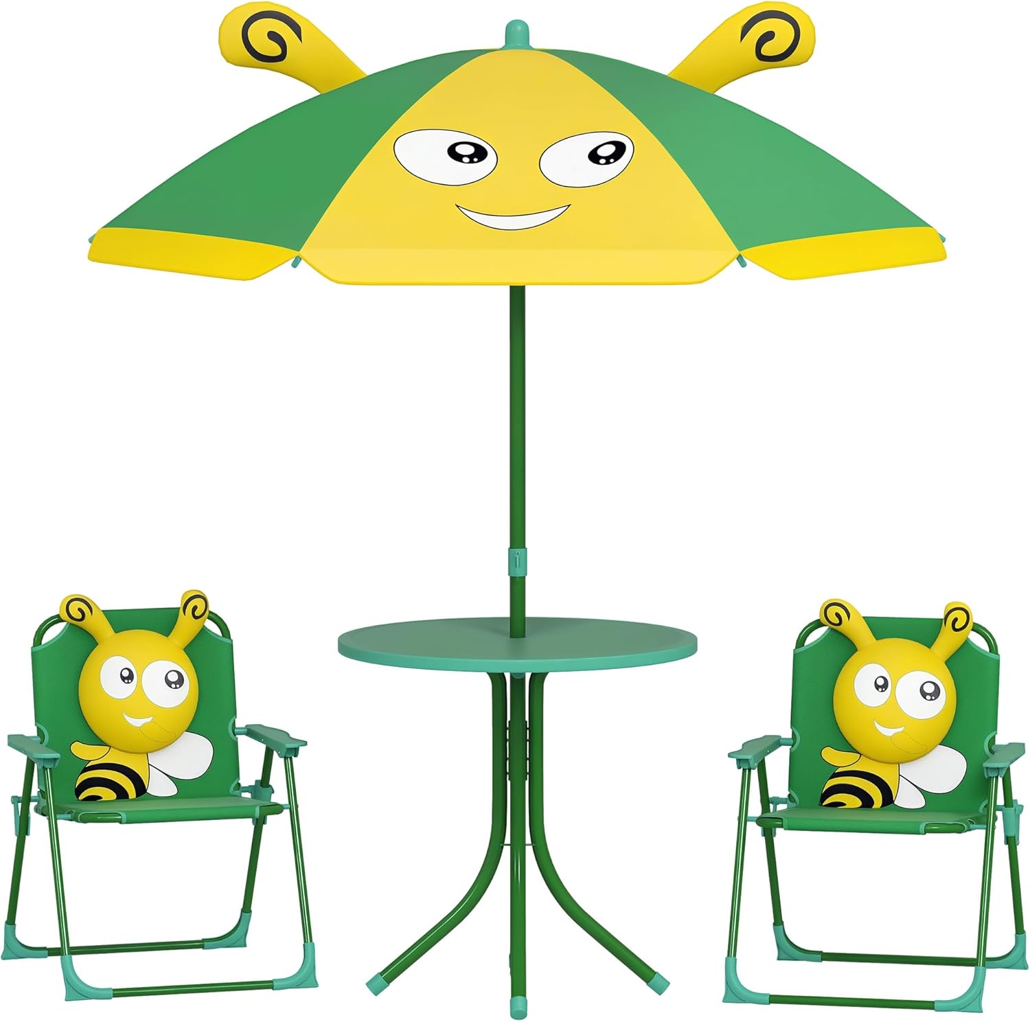Qaba Kids Picnic Table and Chair Set, Outdoor Activity Table with Foldable Chairs, Removable Umbrella, Bee Pattern Toddler Patio Furniture for Backyard, Garden, Green