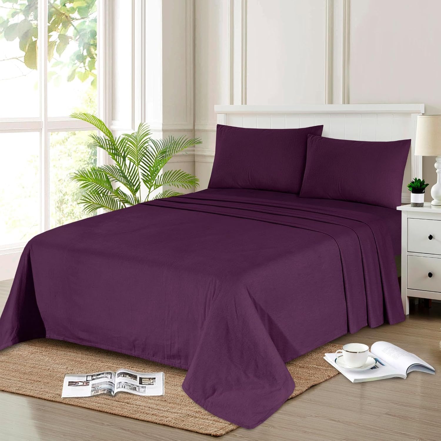 100% Brushed Cotton Flannelette Fitted Sheet – Extra Deep 32cm Flat Sheet & Pillowcases Soft Warm Winter Bedding | Single, Double, King, Super King | Multiple Colours (Purple, Super King-Flat)