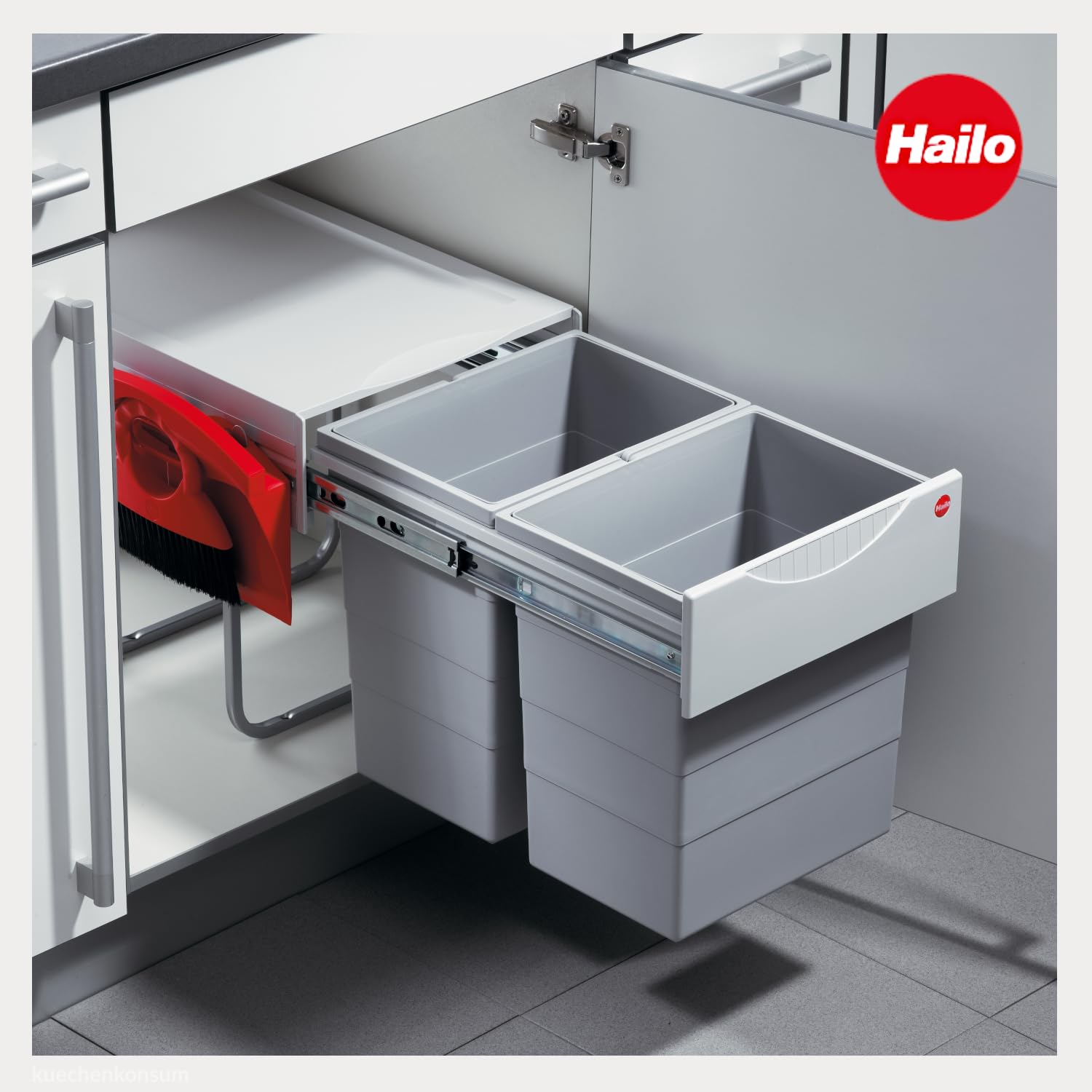 Hailo Abfallsammler 3641221 | TR Swing Raumspar-Tandem-H | Einbaumülleimer 2x 20 Liter | Abfalltrennsystem ab 40er Unterschrank | Vollauszug per Hand | Platzsparender Mülleimer für die Küche