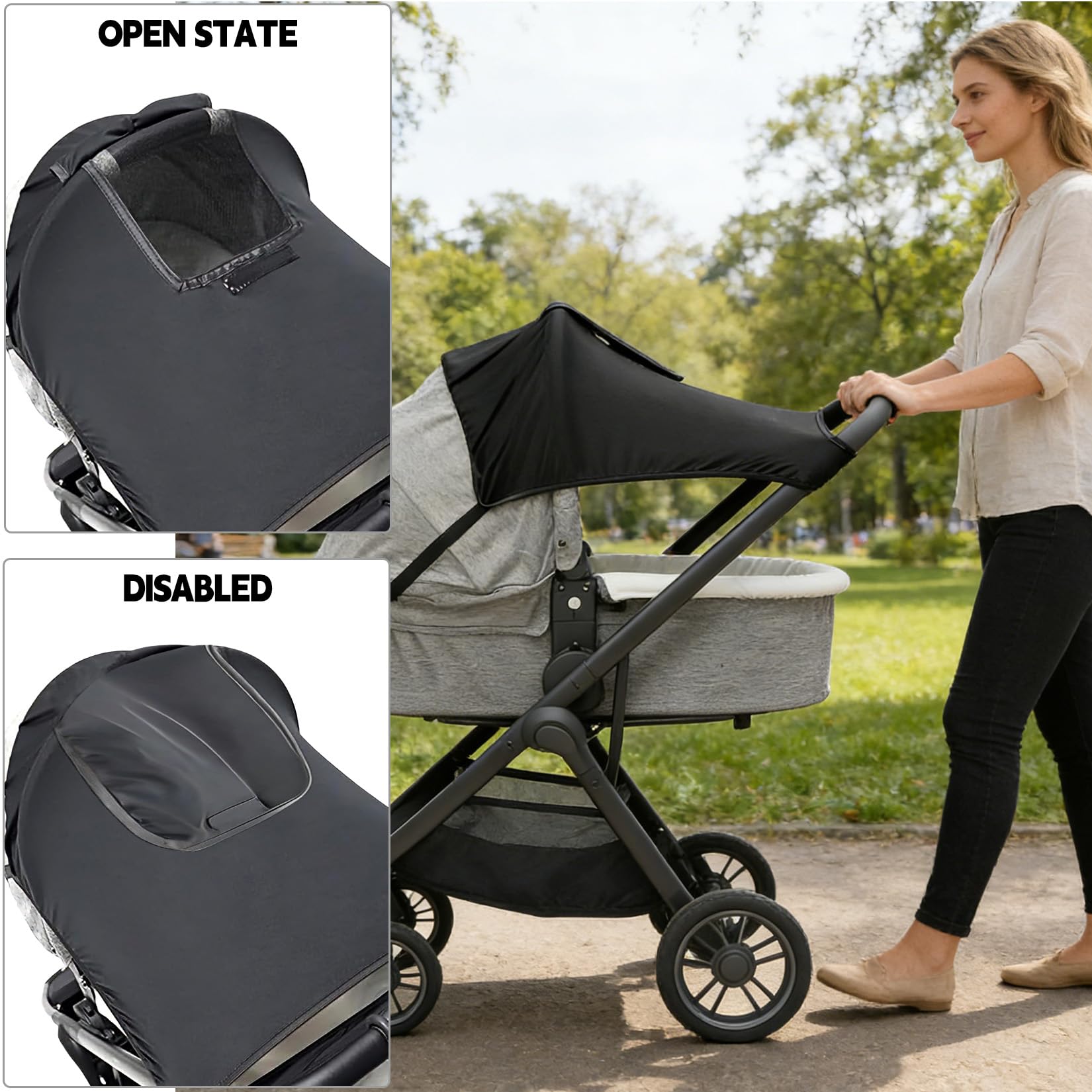 Parasole per passeggino con finestra, impermeabile, regolabile, universale, con protezione UV (nero)
