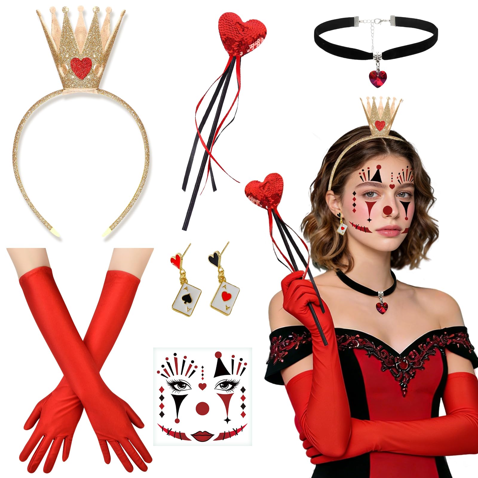 6 Pieces Costume Accessories Queen of Hearts Carnival, Crown Headband Queen of Hearts, Wand, Earrings, Necklace, Facial Stickers and Red Gloves, for Carnival Halloween Cosplay