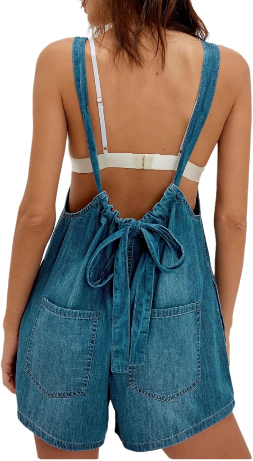 happlan Women's Denim Shortalls Romper Overalls with Pockets