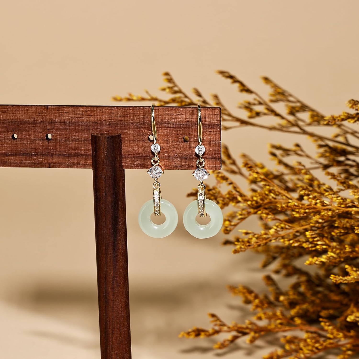 Handmade Vintage Jade Earrings for Women 14K Gold Plated Dangle Drop Earrings with Cubic Zirconia Green Jade Jewelry - Image 6