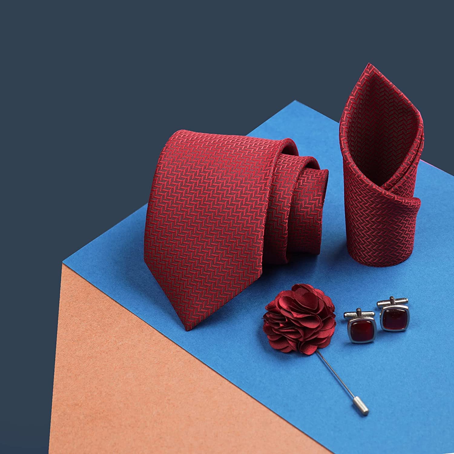 RIZORO Tie for Men – Self Silk Neck Ties Set with Cufflinks Flower Pin, Pocket Square & Black Gift Box, Combo Necktie Sets for Office Wear, Formal Suits & Weddings (Maroon1, SIDIMRRX_NW) 1