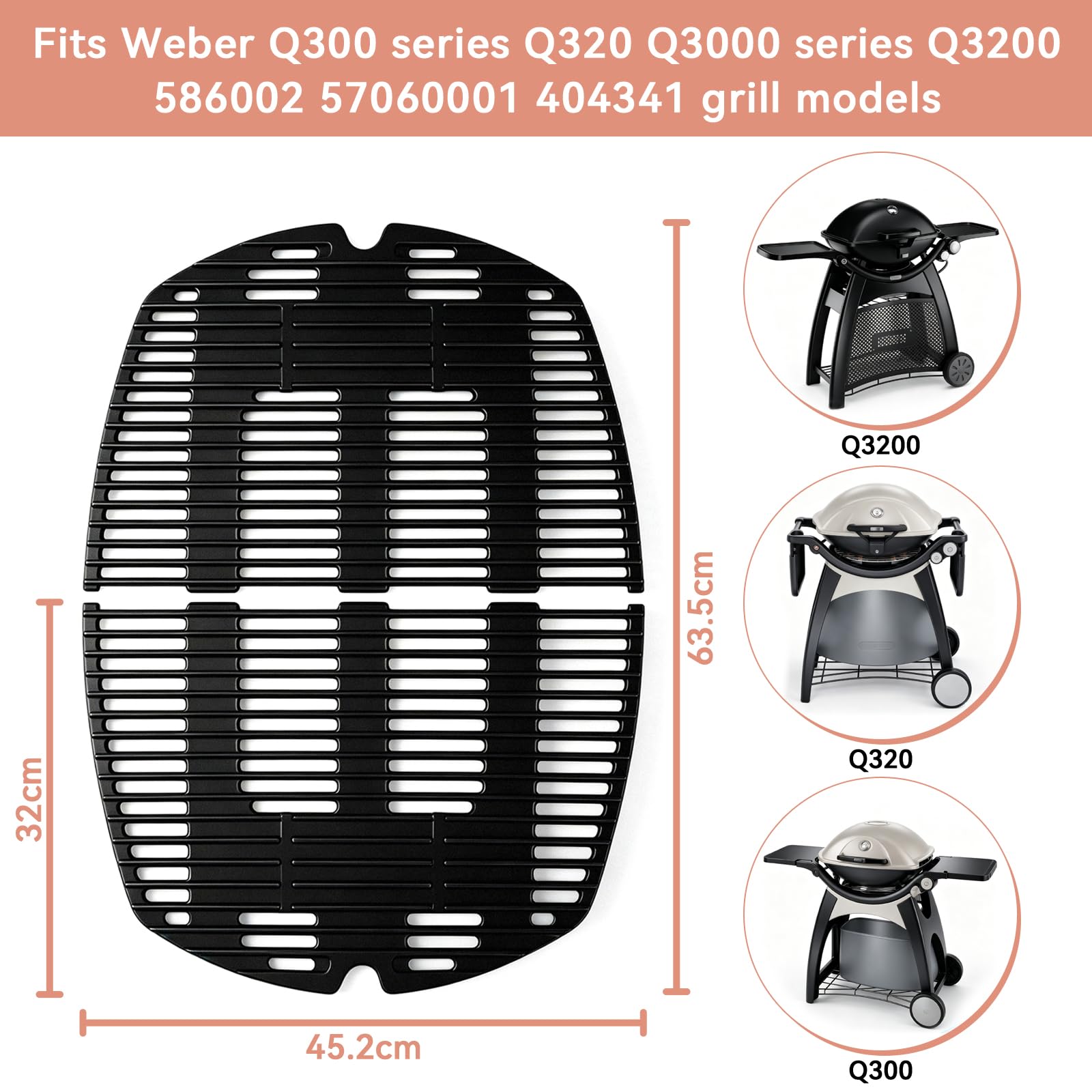 7646 - Griglia di ricambio per barbecue Weber Q300, Q320, Q3000, serie Q3200, 45 x 32 cm, accessorio per barbecue Weber Q300,7584,586002,57060001,404341,2 pezzi