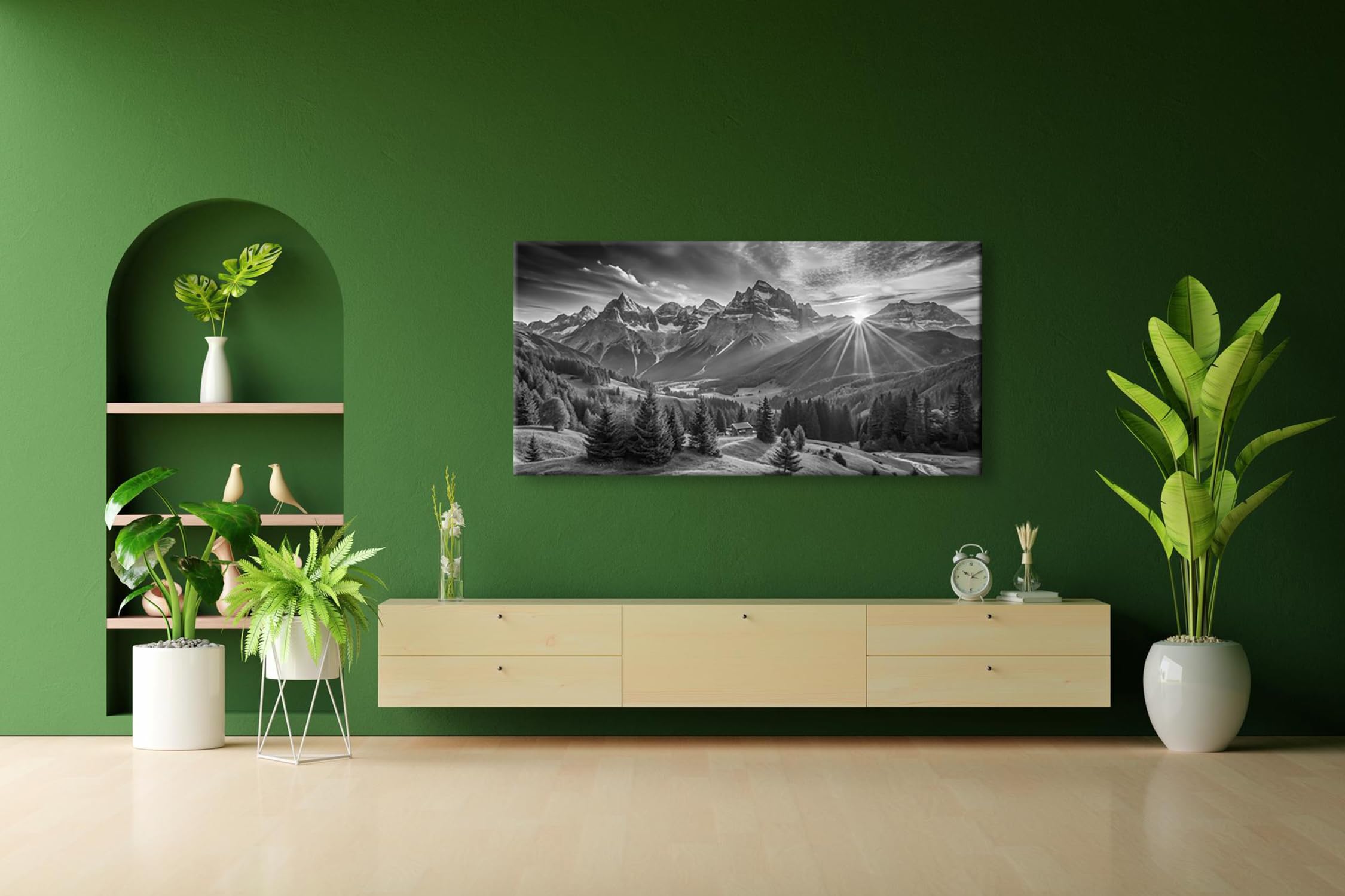 Leinwandbild Sonnenaufgang küsst die majestätischen Alpen Panorama 120x60cm Effekt: Schwarz&Weiß XXL Wandbild auf Keilrahmen/Kunstdruck/Bild Wohnzimmer Dekoration