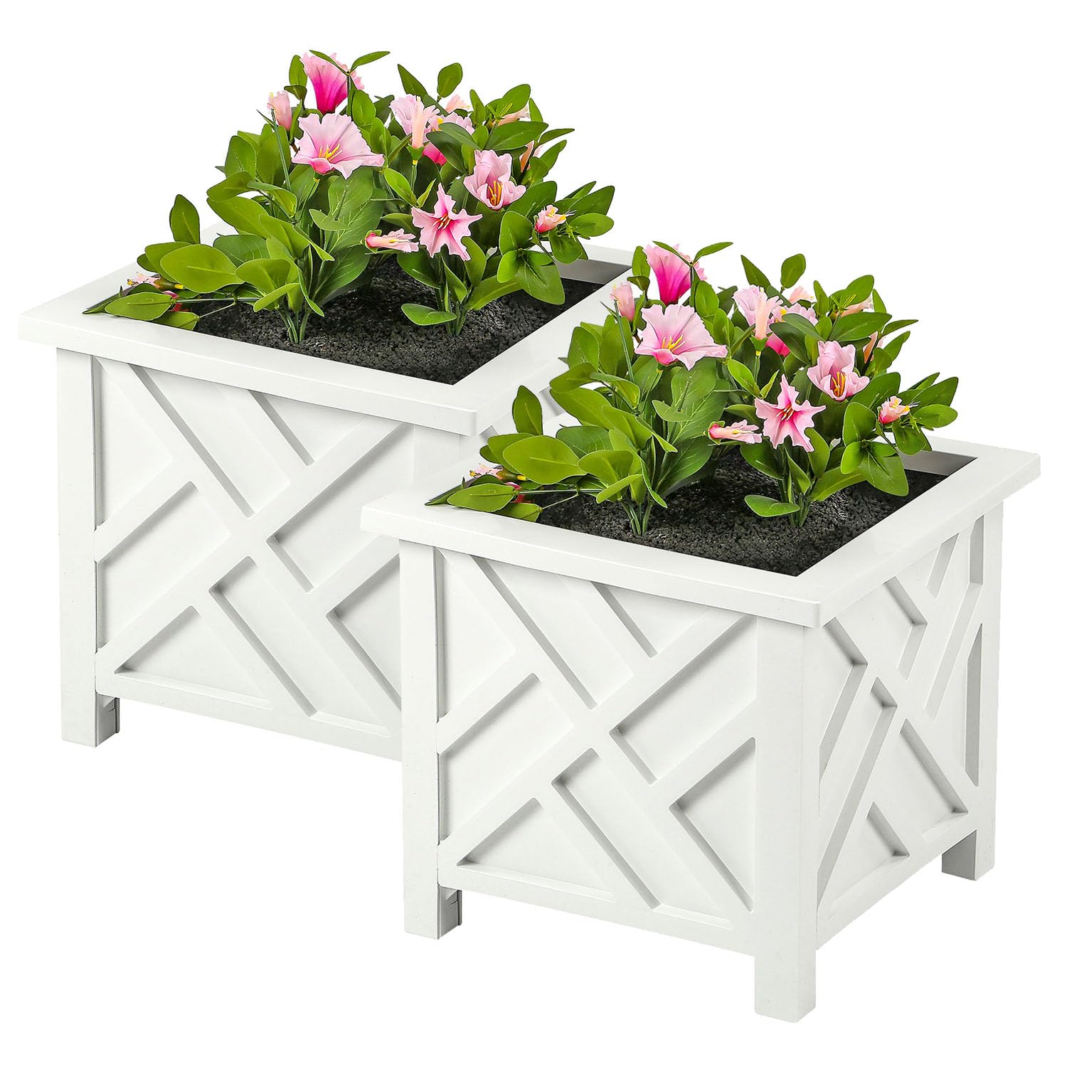 Taylor & Brown Set of 2 | Lattice Design Planter Box | 14.5-Inch | Square Decorative Outdoor Flower or Plant Pot Container | Polypropylene | Front Porch, Patio, and Garden Decor, White