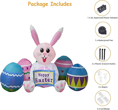 Miniatura 6 de VENLOIS 75 pies de largo conejo inflable de Pascua huevo de Pascua decoración al aire libre letrero de feliz Pascua inflable con LED incorporados