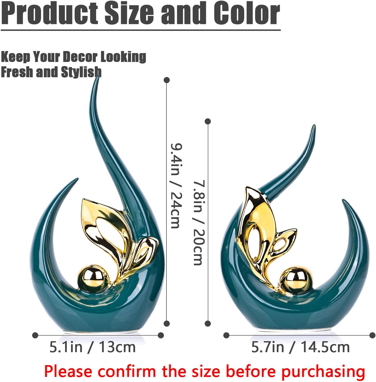 XMGZQ Teal Gold Ceramic Statues for Home Décor Accents,Abstract Art Mid Century Modern Decor,Elegante Centerpiece Table Decorations,Green Sculpture for Entryway,Bookshelf,Tv Stand,Mantel,Coffee Table image 2