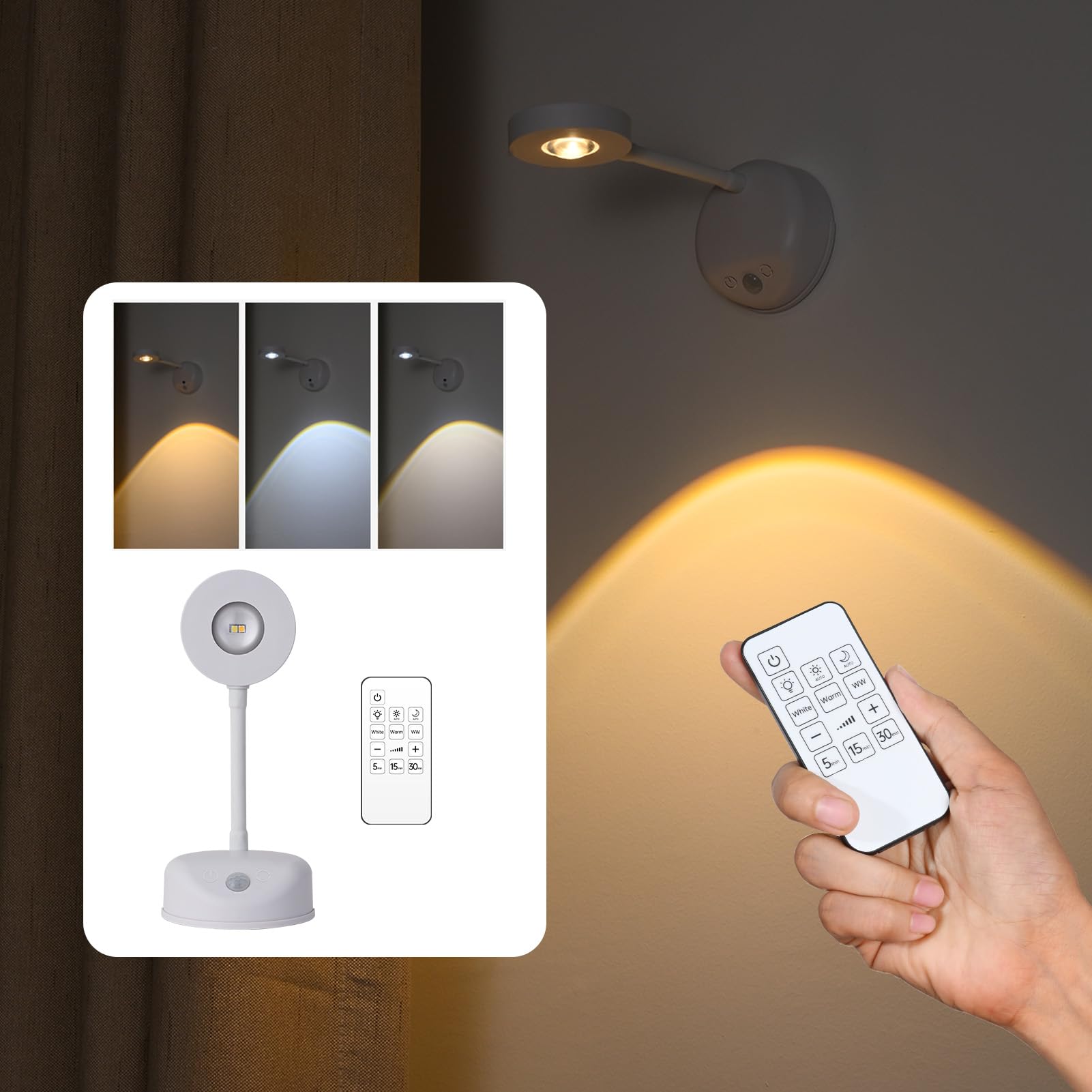 XPESUVC Motion Sensor Wall Light Rechargeable LED Spotlight Flexible Rotate Bedside Reading Lamps with 3 Color Temperature for Picture, Mirror, Hallway (White, 1 Pack(with Remote Control))