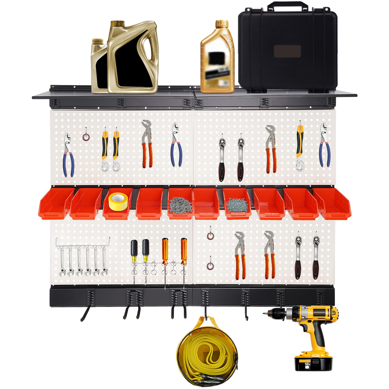 Tool Storage Kit Wall Utility Storage Kit with Toolboard Hooks & Accessories, Garage Storage Wall Organizer, Carbon Steel Pegboard for Garage With 10 Storage Bins