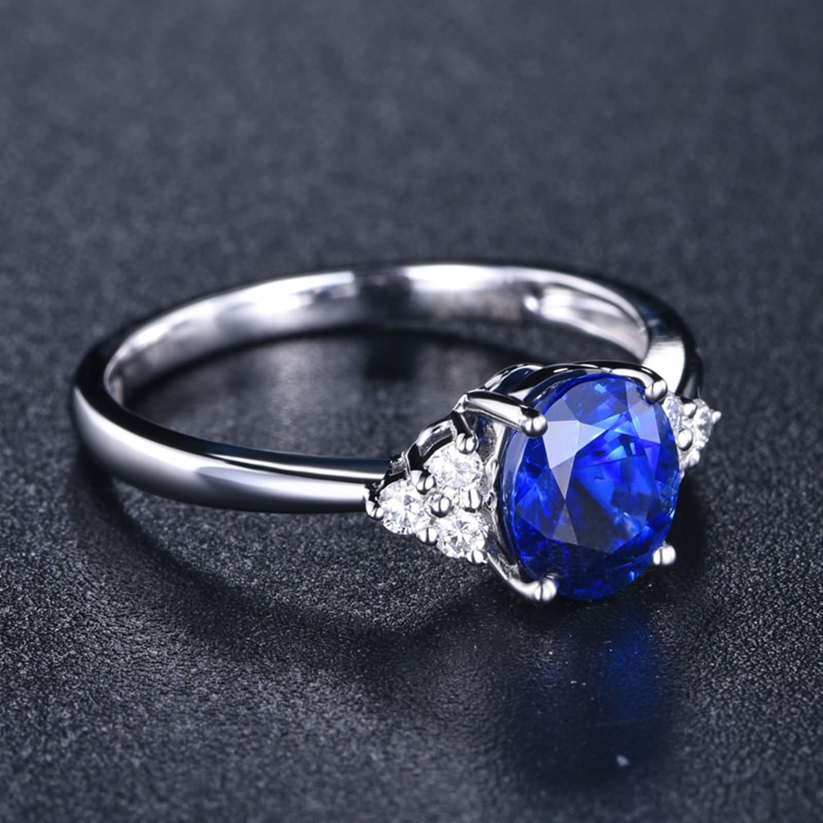 Anillos Mujer Matrimonio Oro Blanco 9 Kilates / 14 Kilates / 18 Kilates, 4 Garras Oval con Zafiro de 0,41ct y Diamante, Anillo Plata Azul Compromiso Mujer