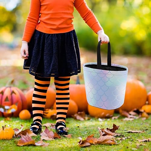 Miniatura 6 de SLNFDKND Cubo de cubo de Halloween con diseño de sirena arcoíris, bolsa de dulces para niños, decoraciones de Halloween