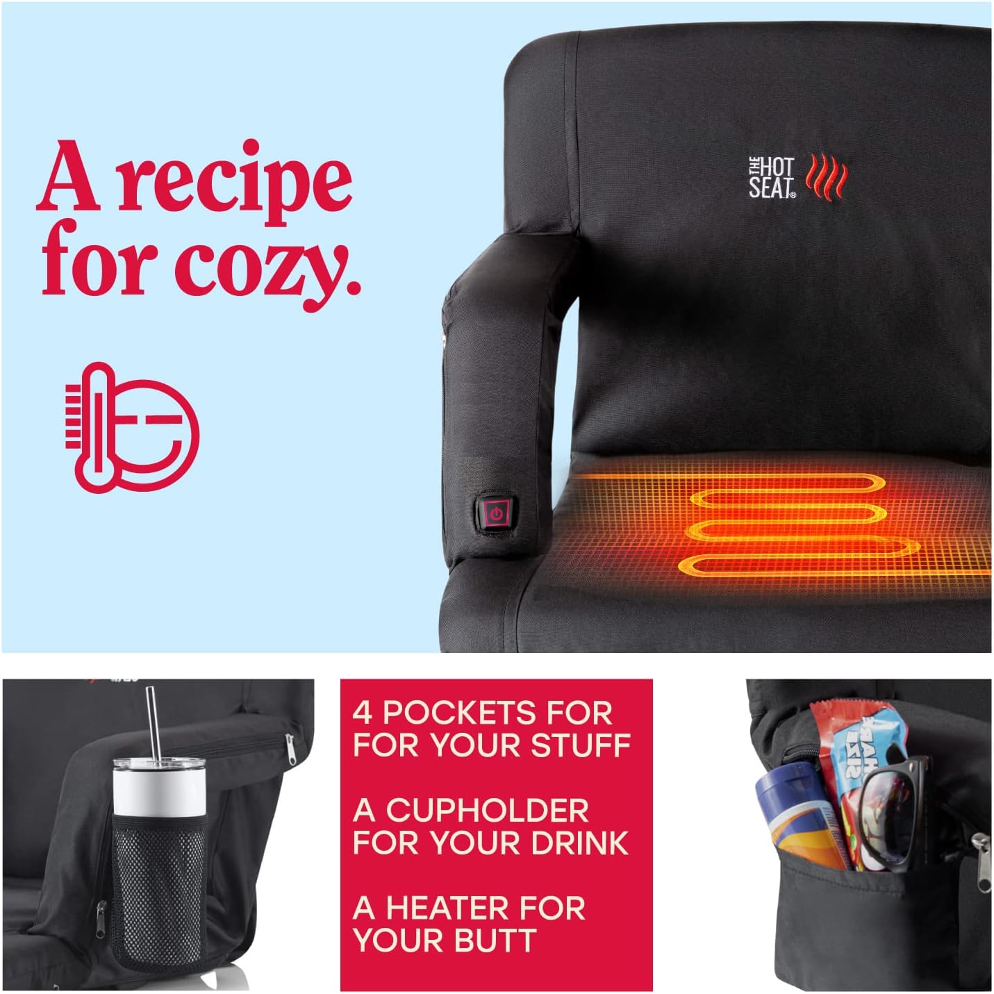 POP Design The Original Hot Seat, Portable Heated Stadium Seat for Bleachers, Reclining Arm and Back Support, Thick Cushion (USB Battery Not Included)