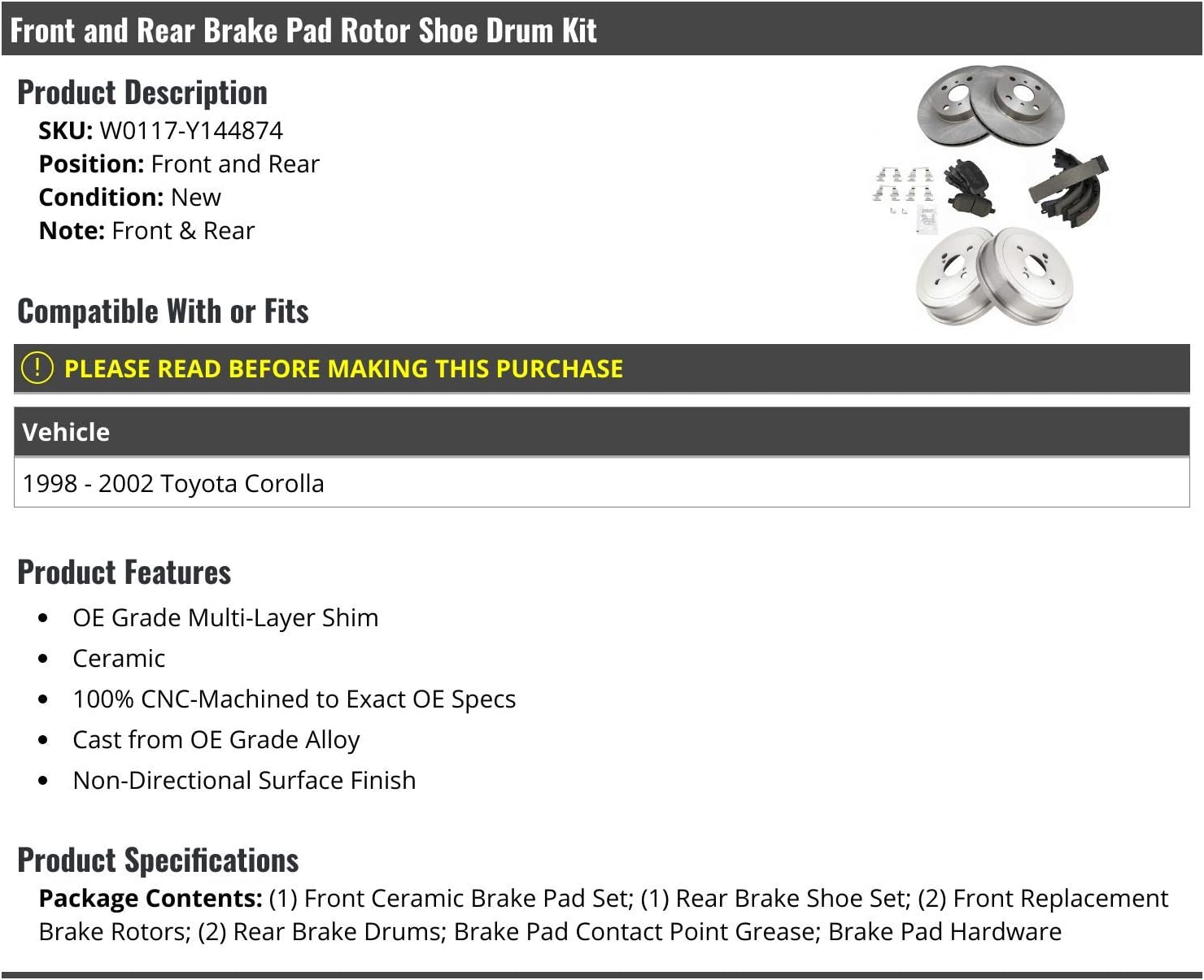 Marketplace Auto Parts Front And Rear Ceramic Brake Pad Rotor Shoe Drum 6 Piece Kit - Compatible with 1998-2002 Toyota Corolla