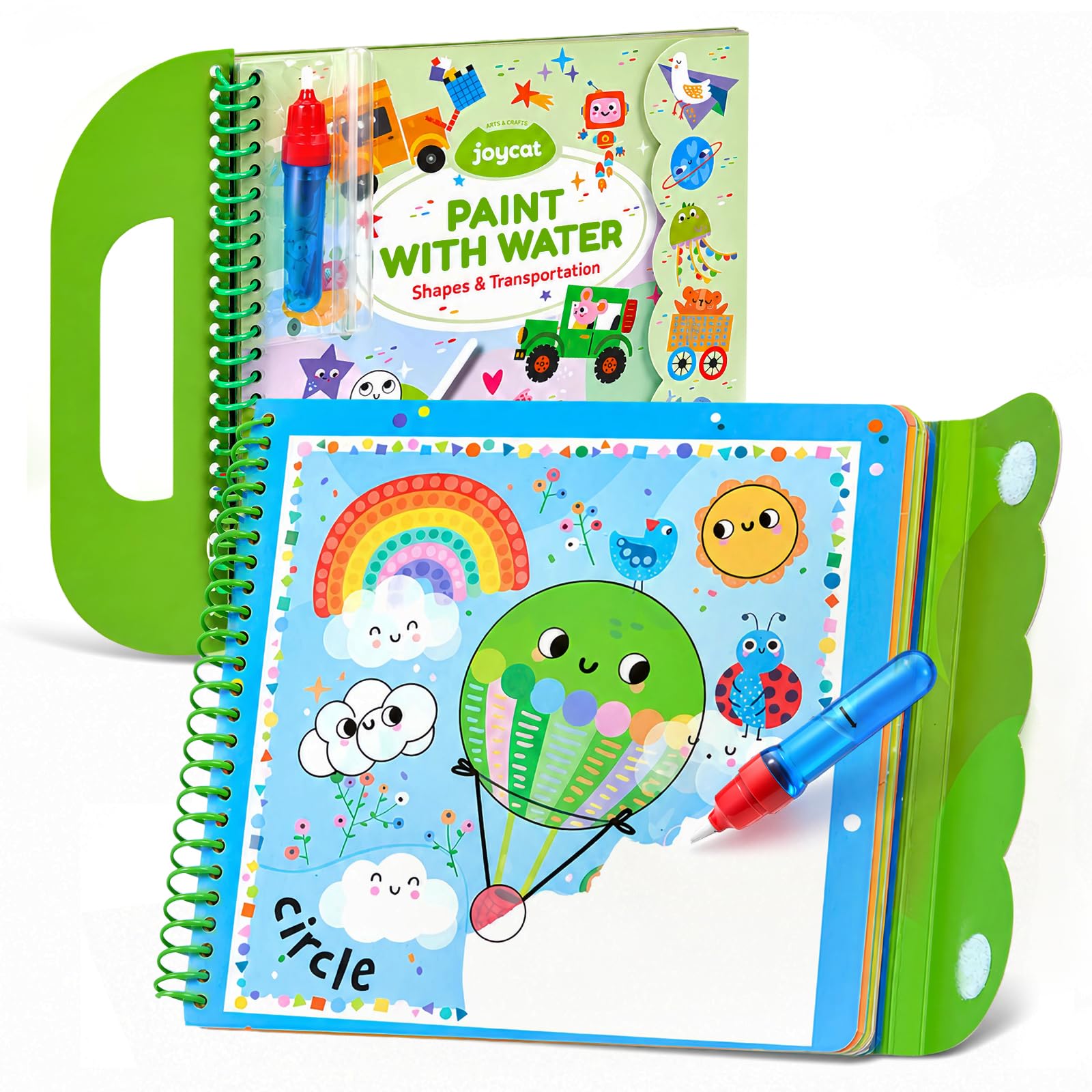 JoyCat Water Colouring Book for Toddlers 3-5, Reusable 14 Pages (Shapes & Transportation)