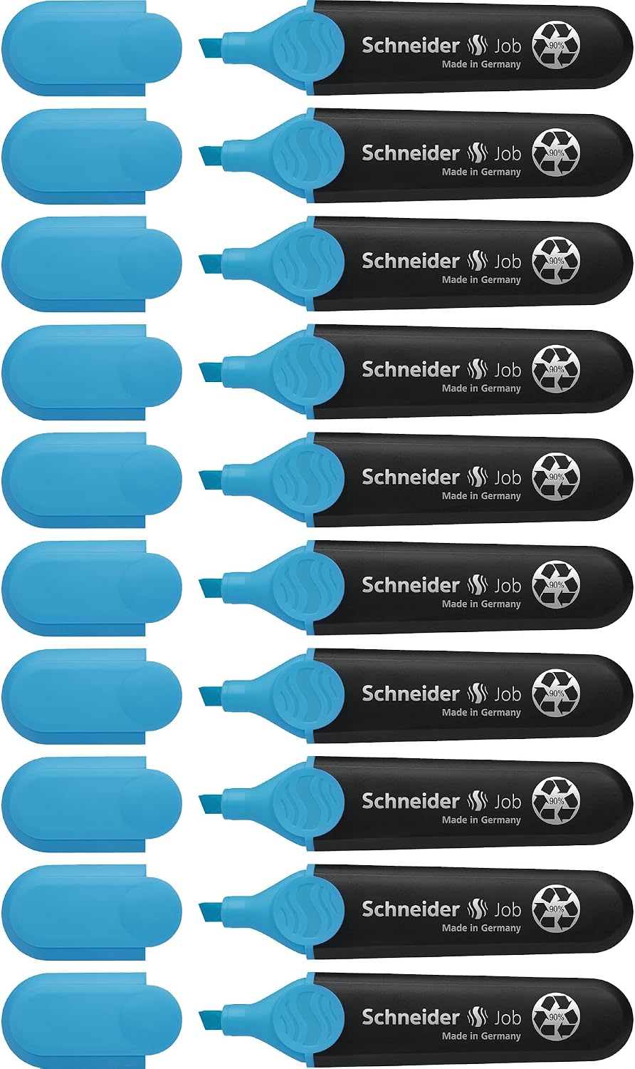 Schneider Job Highlighter, Chisel Tip, 1 + 5 mm, Black Barrel, Blue Ink, Box of 10 Highlighters (1503)
