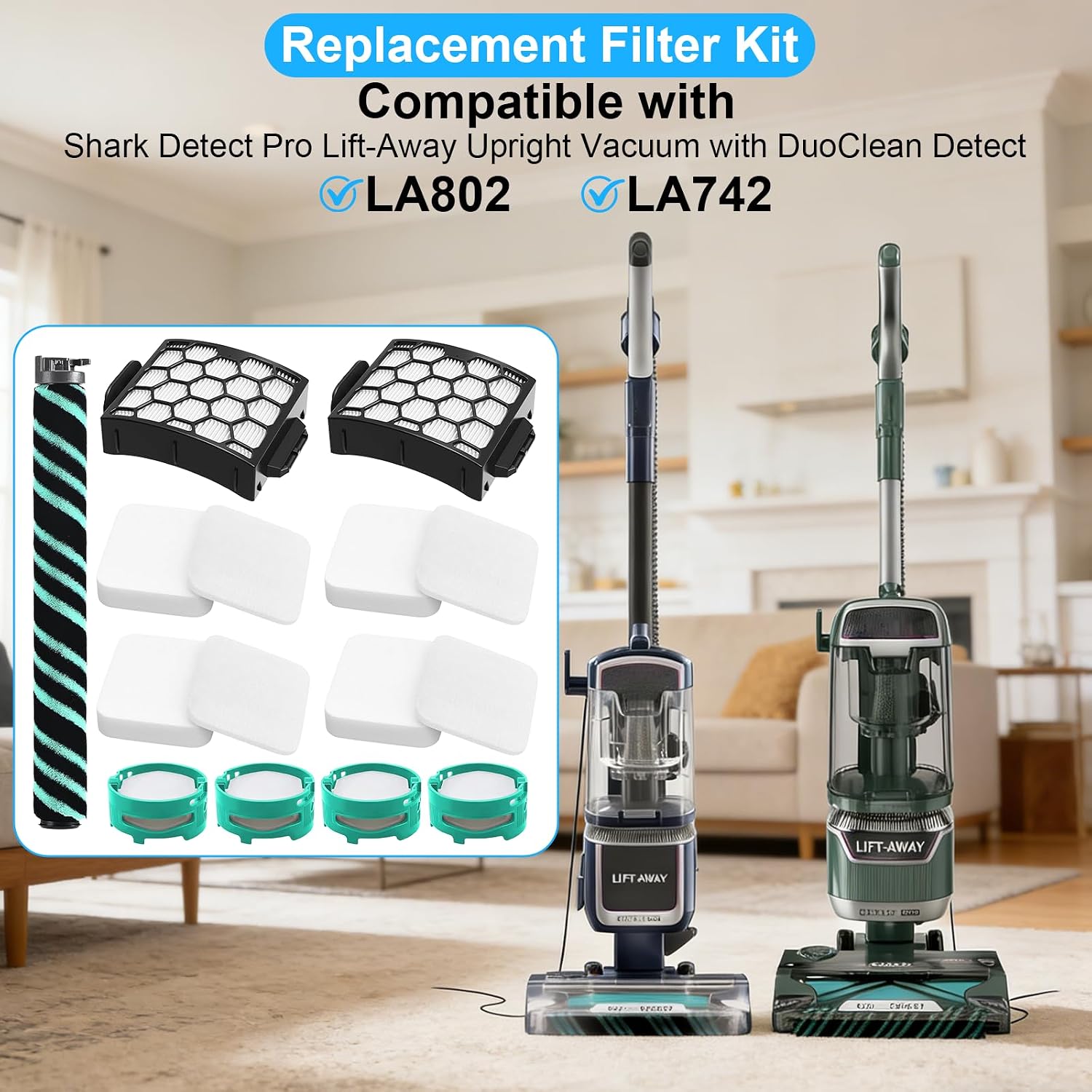 LA802 Filter for Shark Detect Pro Lift-Away ADV Bagless Upright Vacuum LA802 LA742, Complete Maintenance Kit with 1 Soft Roller Brush, 2 HEPA Filter, 4 Foam & Felt, 4 Odor Neutralizer Cartridge thumbnail