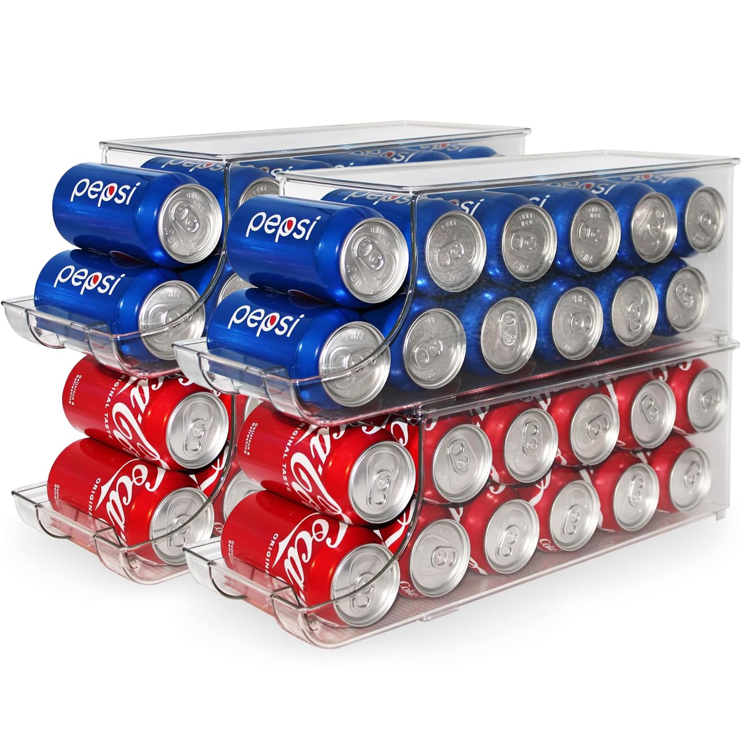 Organizador de latas de refresco con tapas, dispensador de latas de refresco apilable para refrigerador, organizador de latas transparente y contenedores de almacenamiento para nevera, cocina