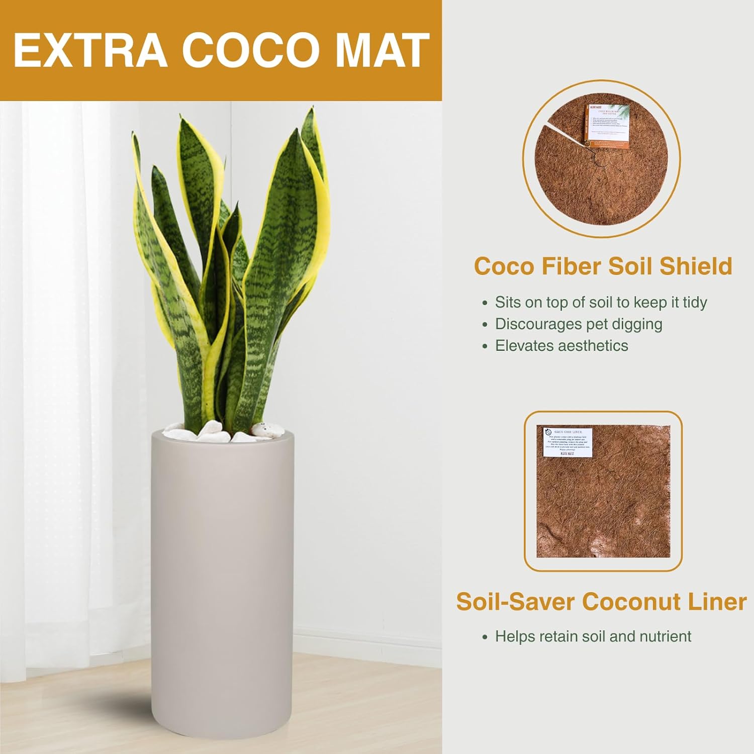 19.5" H x 9.8" D Premium Tubo Fiberstone Cylinder Tall Planter with Drainage Hole, Weather Resistant for Indoor and Outdoor Use, Included 2 Extra Coco Mats (Taupe, 8.2" Pot Opening)