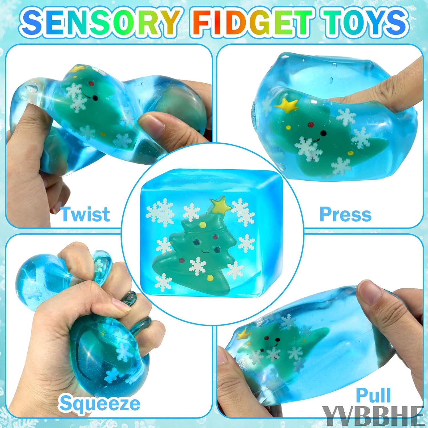 Blue Squeeze Cube with Luminous Hand Painted Christmas Tree Inside，Squishy Stress Fidget Gummy Toys ，Glow in The Dark Maltose Sensory Toys for Kids Autism , Stress Balls for Anxiety Stress Relief