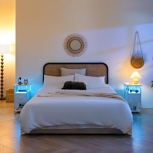 Miniatura 2 de Yoobure Mesa auxiliar con estación de carga, mesa auxiliar estrecha con cajón de tela ajustable, mesas auxiliares de 3 niveles, sala de estar,