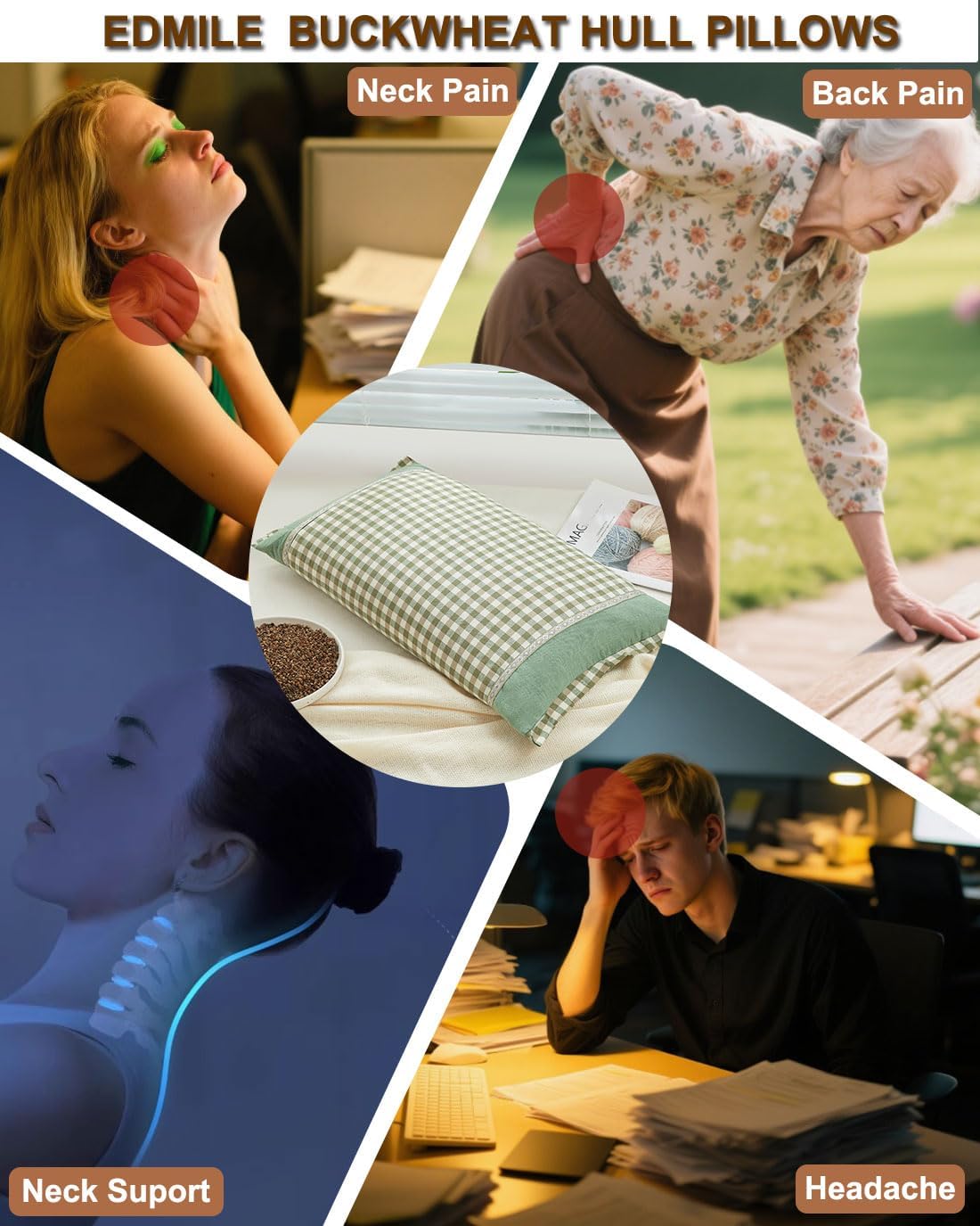 Buckwheat Hull Pillow for Sleeping, Rectangle Buckwheat Neck Pillow, Cooling Support Customizable Height with Removable Cover, Firm Comfort for Spinal Alignment, 23 * 13 Inch (Green)