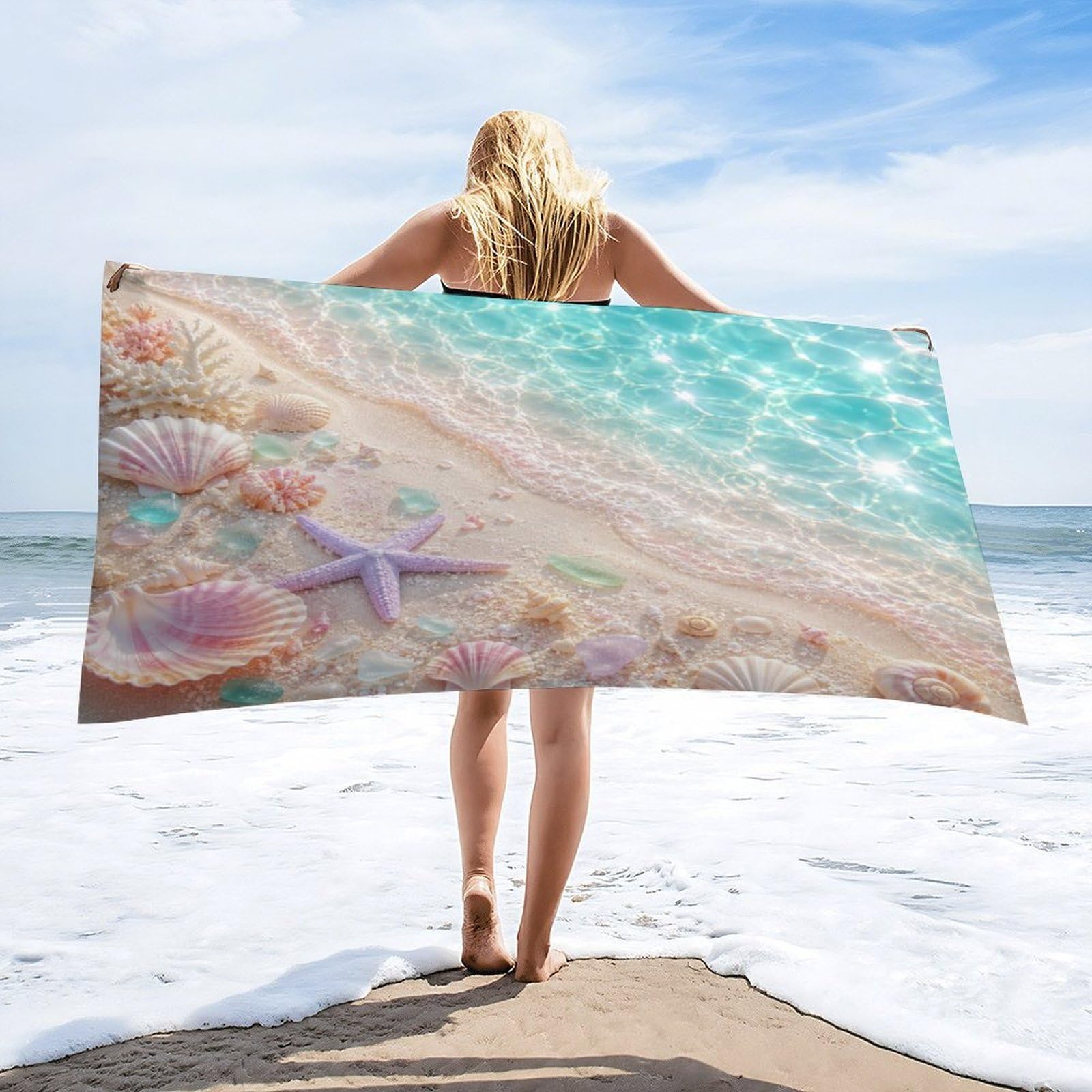 Anceky Beach Seashell Starfish Coral Beach Towel 30"×60",Soft Microfiber Bath Towel Shawl, Quick Dry Absorbent Pool Spa Gym Shower Towel