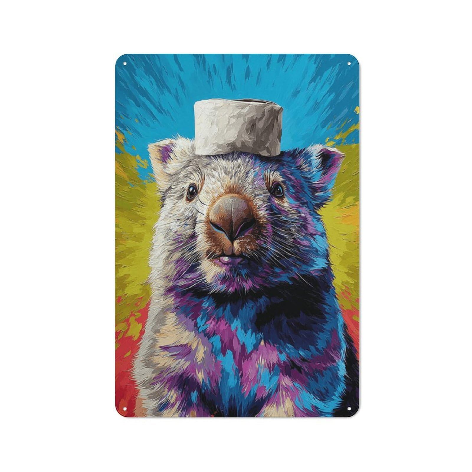 Junmoney Colorful Wombat With Hat Tin Sign 30X20cm With For Workshop Wall, Vintage Decor, Gift For Workshop Decor Fans During The Christmas Season