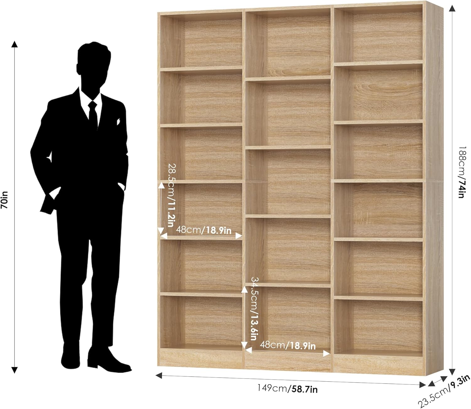 FACBOTALL Triple Wide Bookshelf, 6 Tier Large Bookshelf, Bookcase with 17 Open Display Shelves, 74'' Tall Bookcases and Bookshelves for Living Room, Home Office, Library, Light Oak
