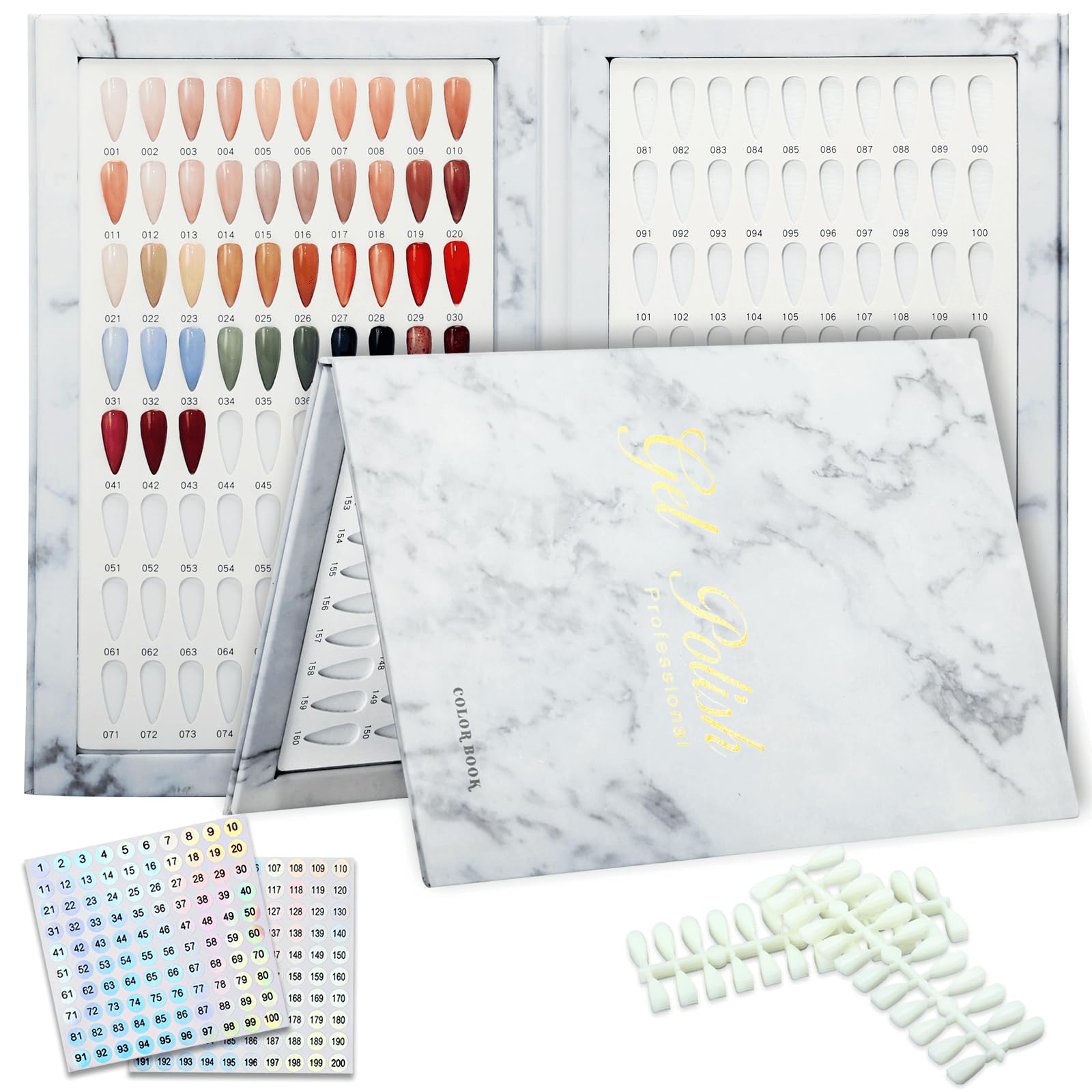 160 Nail Color Book,with 240 Flase Tips & 1-200 Number Sticker Labels,Professional Nail Color Swatches Book for Polish UV Gel(White)