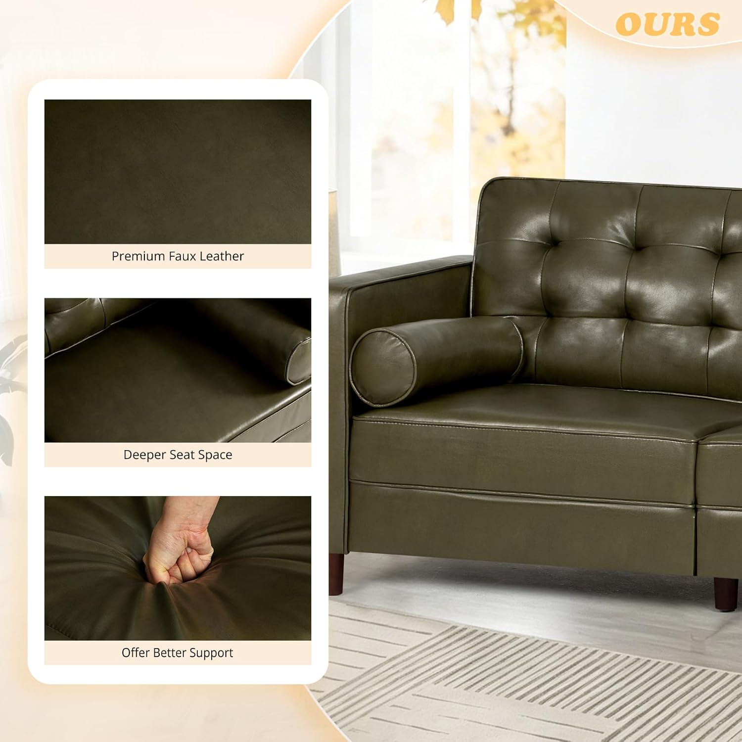 67" Premium Faux Leather 2-Seater Sofa with 2 Bolster Pillows and Tufted Backrest, Mid-Century Modern Loveseat Sofa, Luxury Couch for Living Room, Bedroom, Office, Olive Green