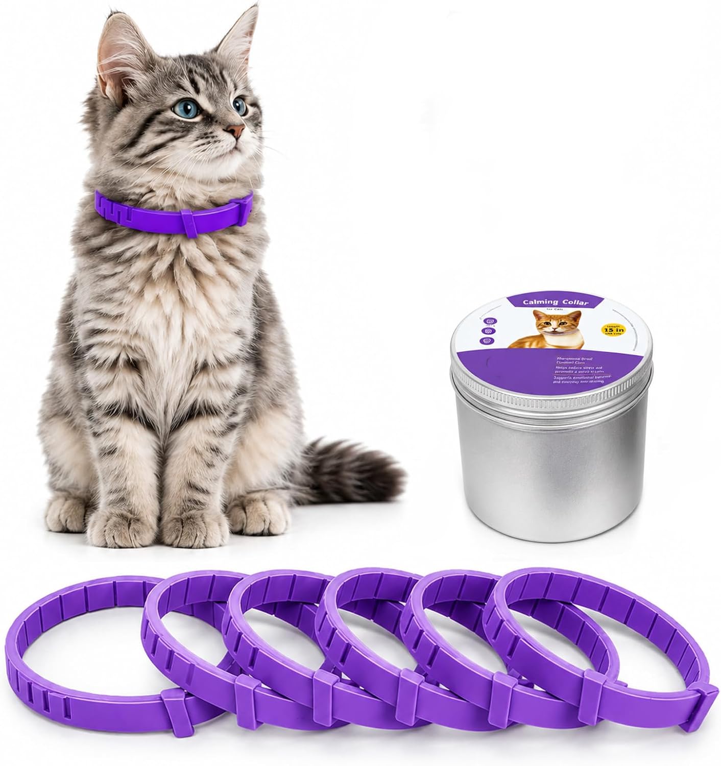 6 Pack Calming Collar for Cats, Adjustable Cat Pheromone Calming Collar, 60 Days Lasting Stress & Anxiety Relief, Helps Reduce Noise Fear & Scratching
