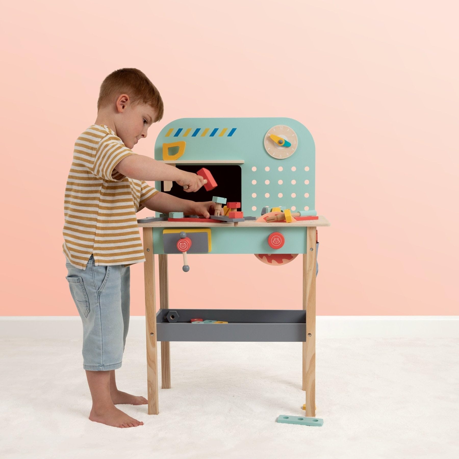 Owl & Fox Banco de Trabajo de Madera, Taller de Herramientas de simulación y Juego, con Sierra, Llave, Martillo, Tornillos y Accesorios, Juego de rol para niños a Partir de 3 años, sostenible,