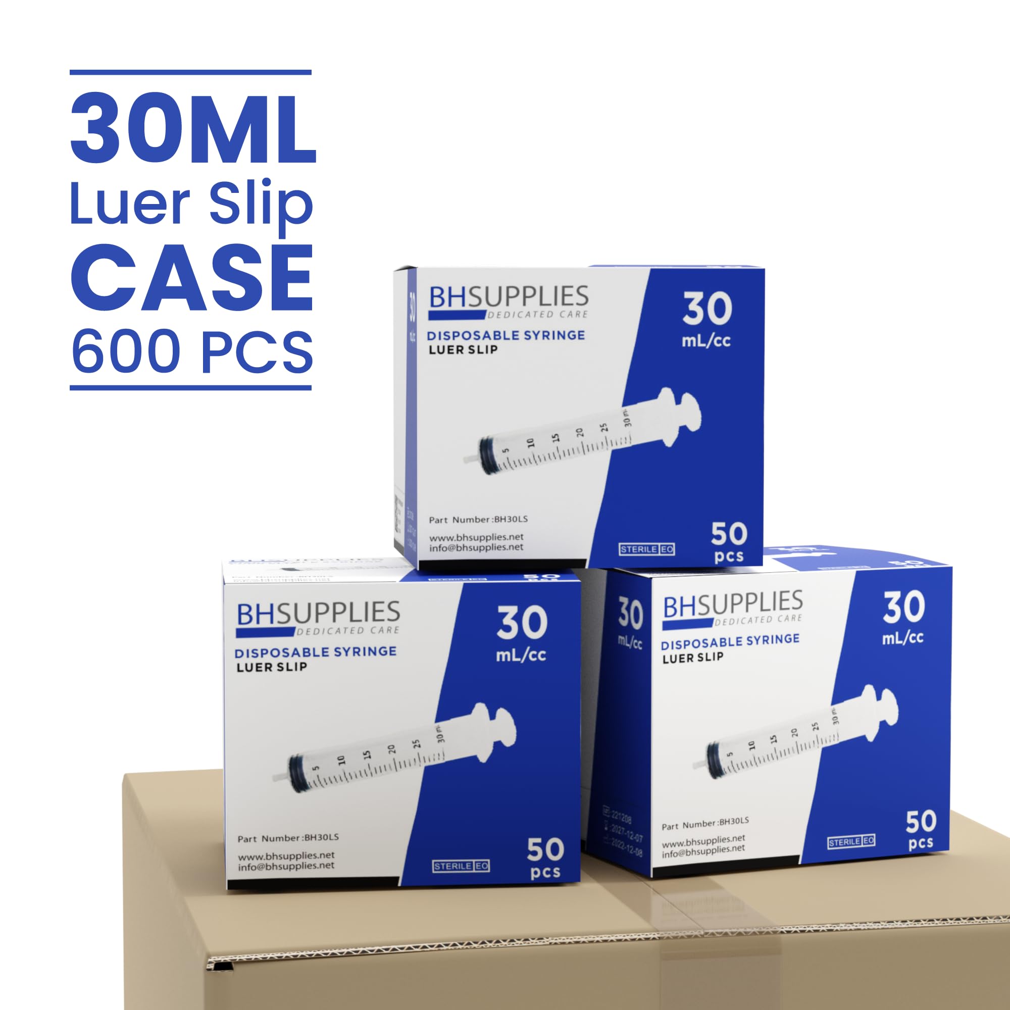 Bulk Case: BH Supplies 30mL Sterile Luer Slip Syringe - Individually Wrapped (600 Syringes, 12 Boxes of 50 Units)