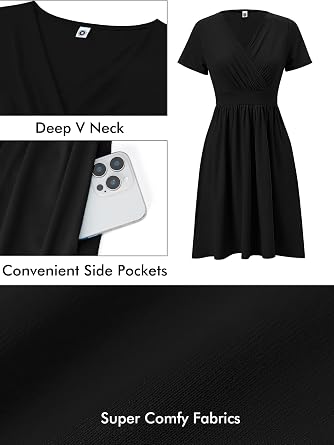 Heymoments Womens Summer Short Sleeve Casual Dresses V-Neck Beach Dress with Pockets S-2XL